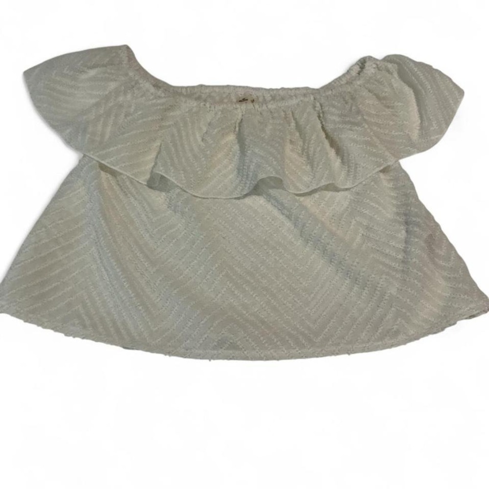 Hollister Off the Shoulder Top Womens XS White Excellent Chevron‎ Ruffle Crop